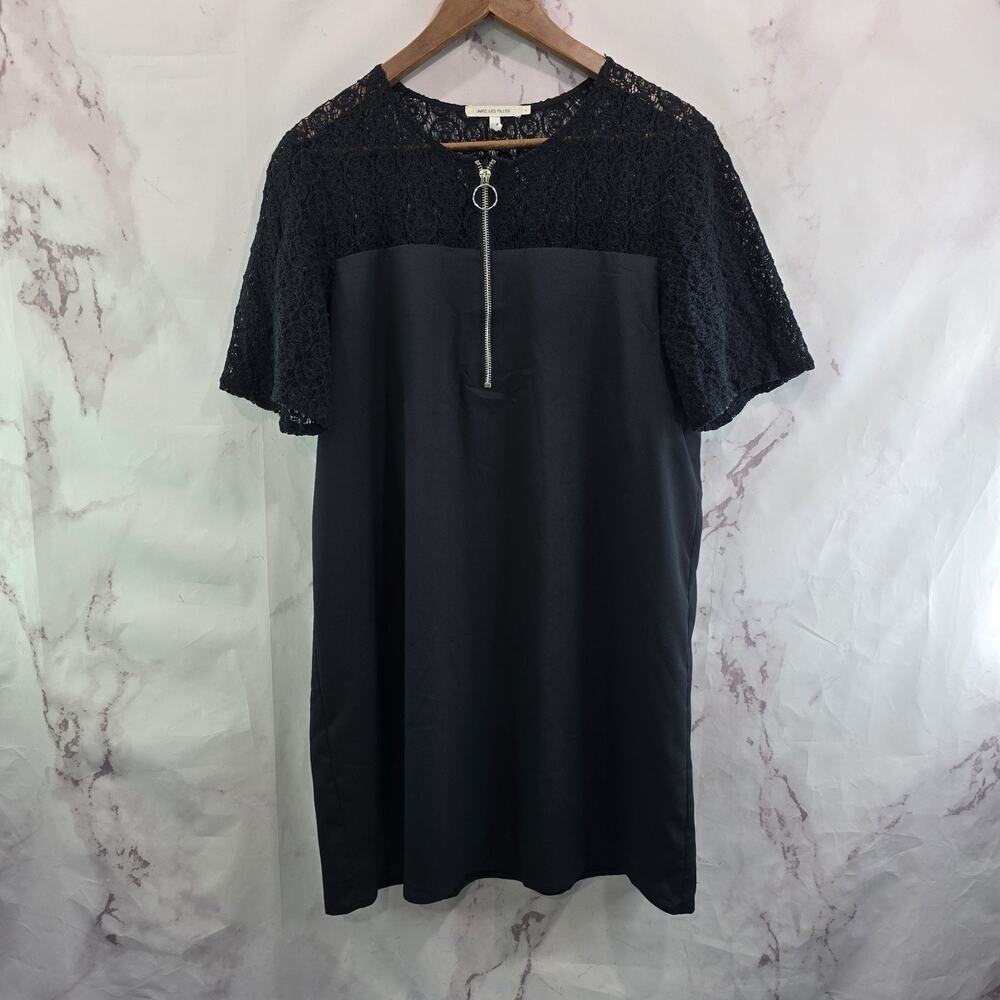 Avec Les Filles Dress Womens Large Black Lace Circle Front Zip V Mini Shift